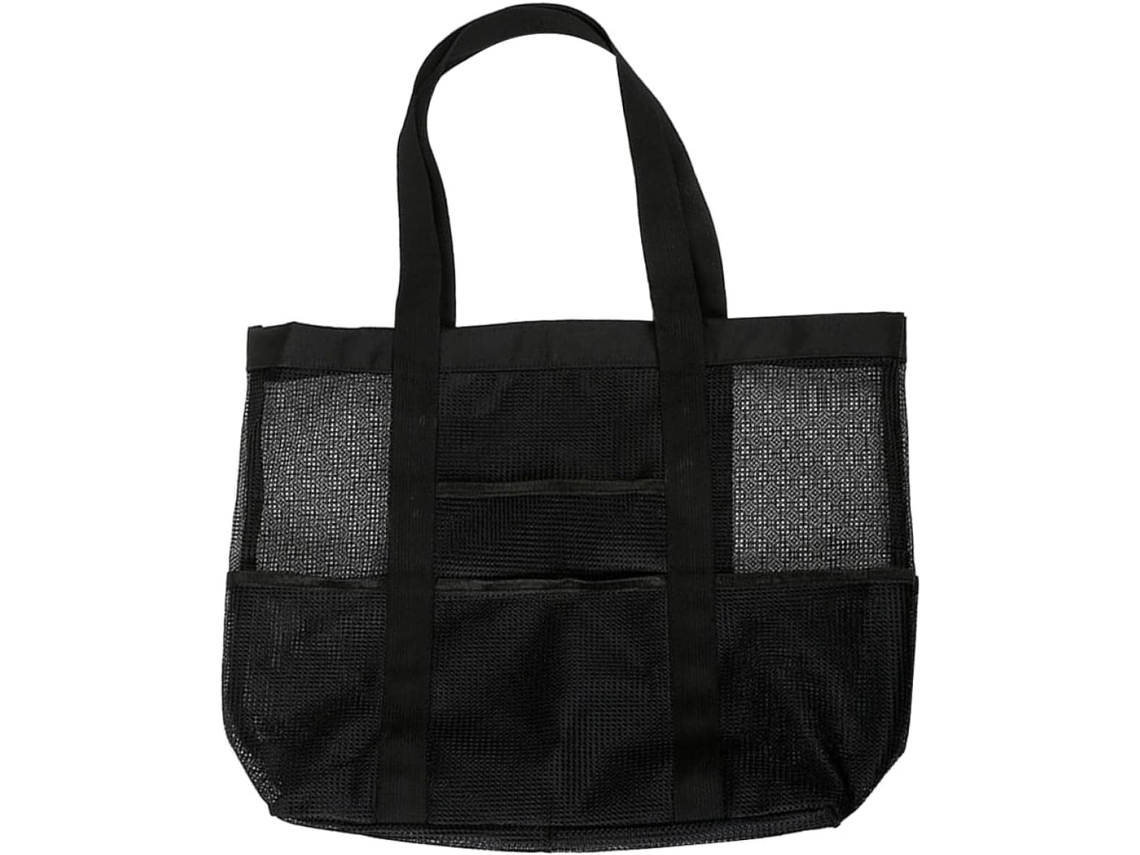 Bolsa De Praia Preta Em Poliéster Com 8 Compartimentos Em Tela, Prática E Protetora.