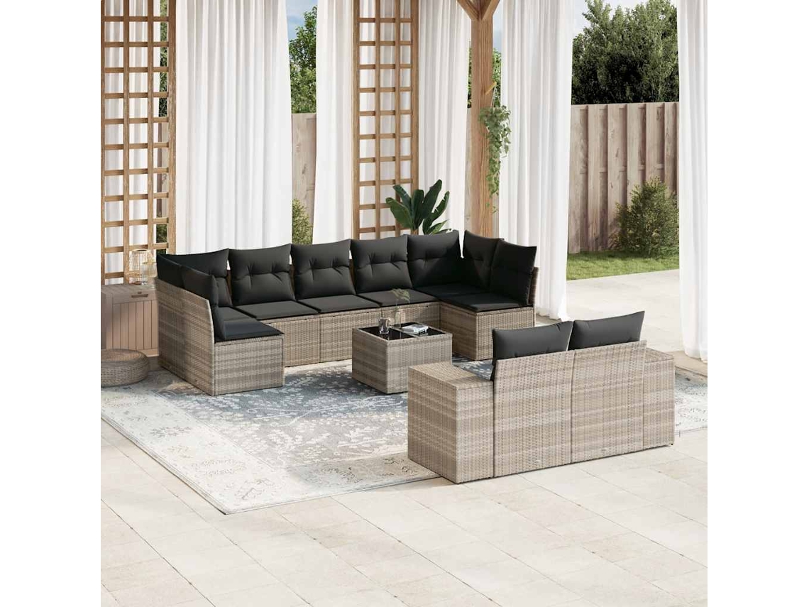Conjunto 10 Peças Sofás De Jardim Com Almofadões Vime Pe Cinzento Claro Dkd Home Decor