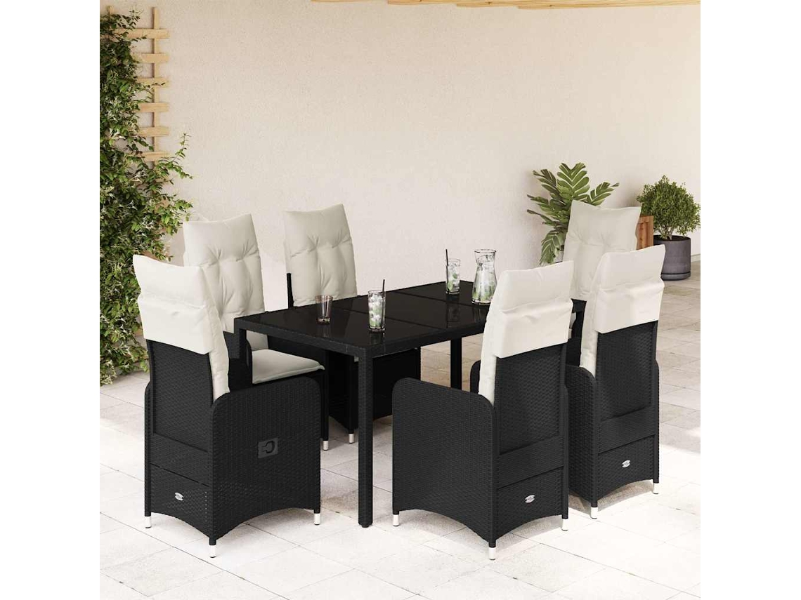 Vidaxl 7 Pcs Conjunto De Bistrô P/ Jardim C/ Almofadões Vime Pe Preto