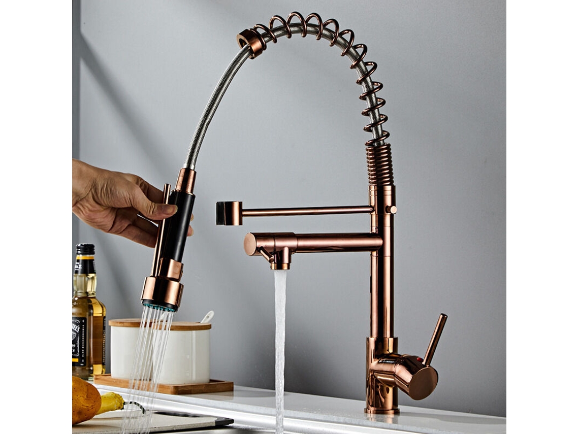 Torneira De Cozinha, Bico Extensível De 360° Em Aço Inoxidável Com Acabamento Em Ouro Rosa Para Água Quente E Fria, Mola Espiral