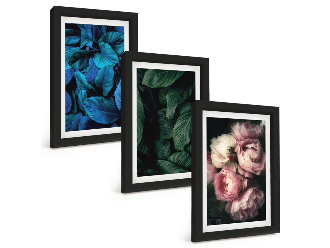 Composição De Quadrosfolhas, Flores, Várias Cores Moldura Preta Imagens Para Um Quarto Infantil Espelharte (3 Peças 20x30 Cm)