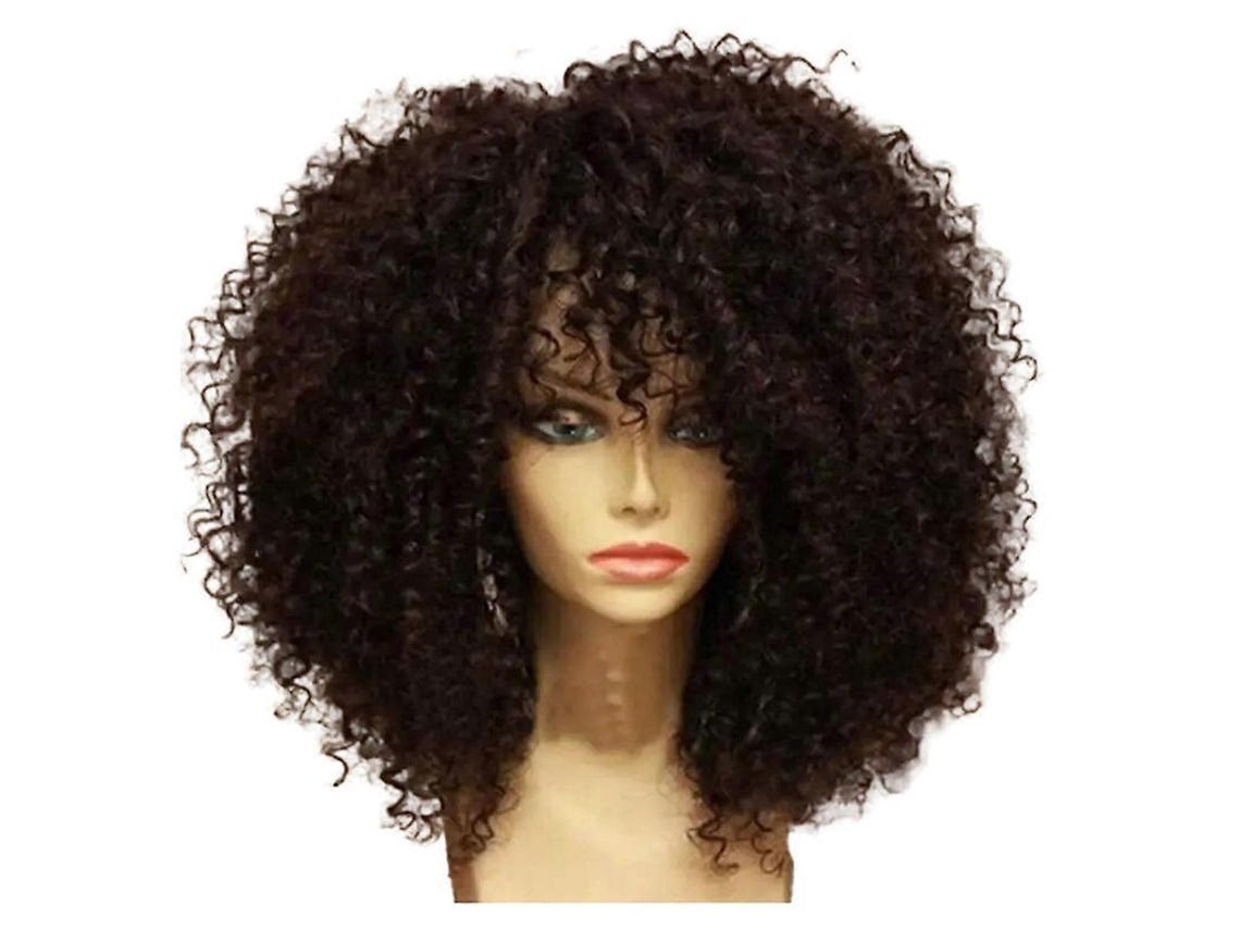 Peruca Afro Cacheada, Franja, 16 Polegadas, Marrom Preto