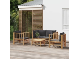 Vidaxl 5 Pcs Conjunto Lounge Jardim Bambu C/ Almofadões Cinza-escuro