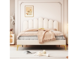 Cama Casal 140x200 Cm Com Cabeceira E Rede De Lamas Veludo Bege