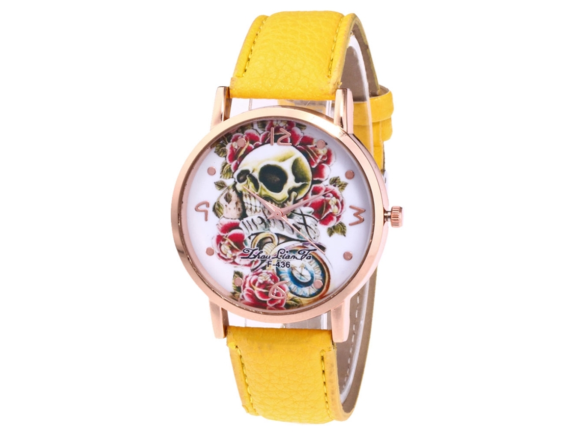 Relógio de casal Zhoulianfa com estampa de caveira, pulseira de couro, quartzo F-436 amarelo