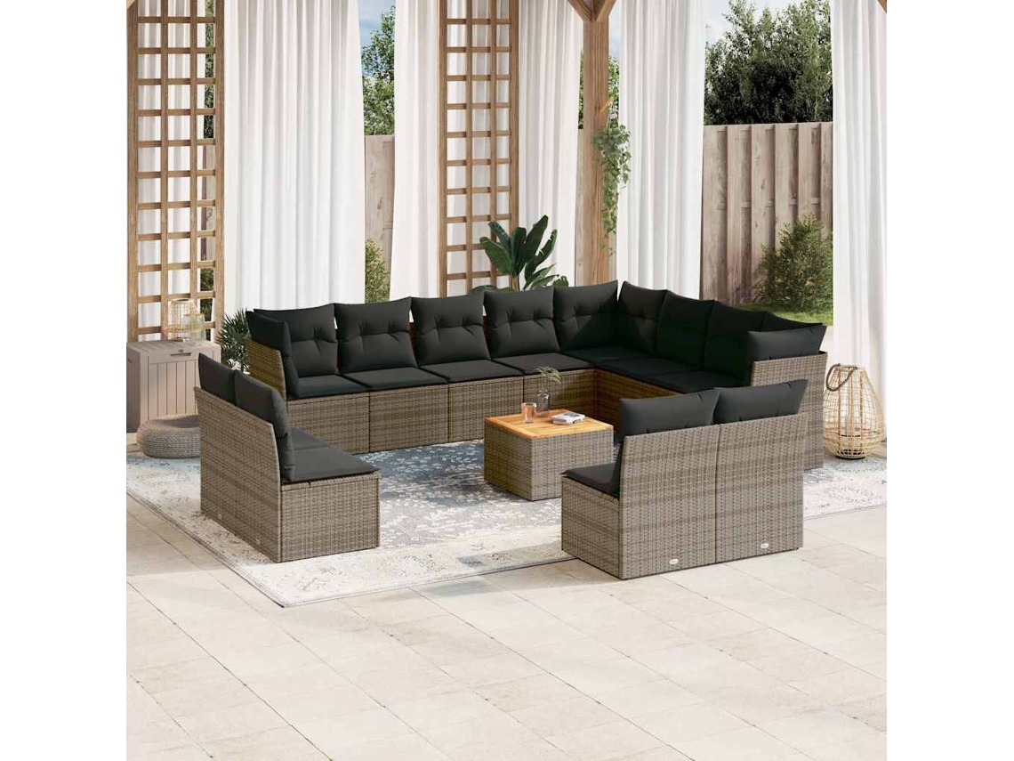 Vidaxl 13 Pcs Conjunto Sofás P/ Jardim C/ Almofadões Vime Pe Cinzento