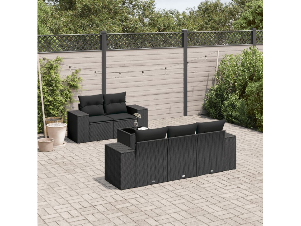 Vidaxl 6 Pcs Conjunto Sofás De Jardim C/ Almofadões Vime Pe Preto