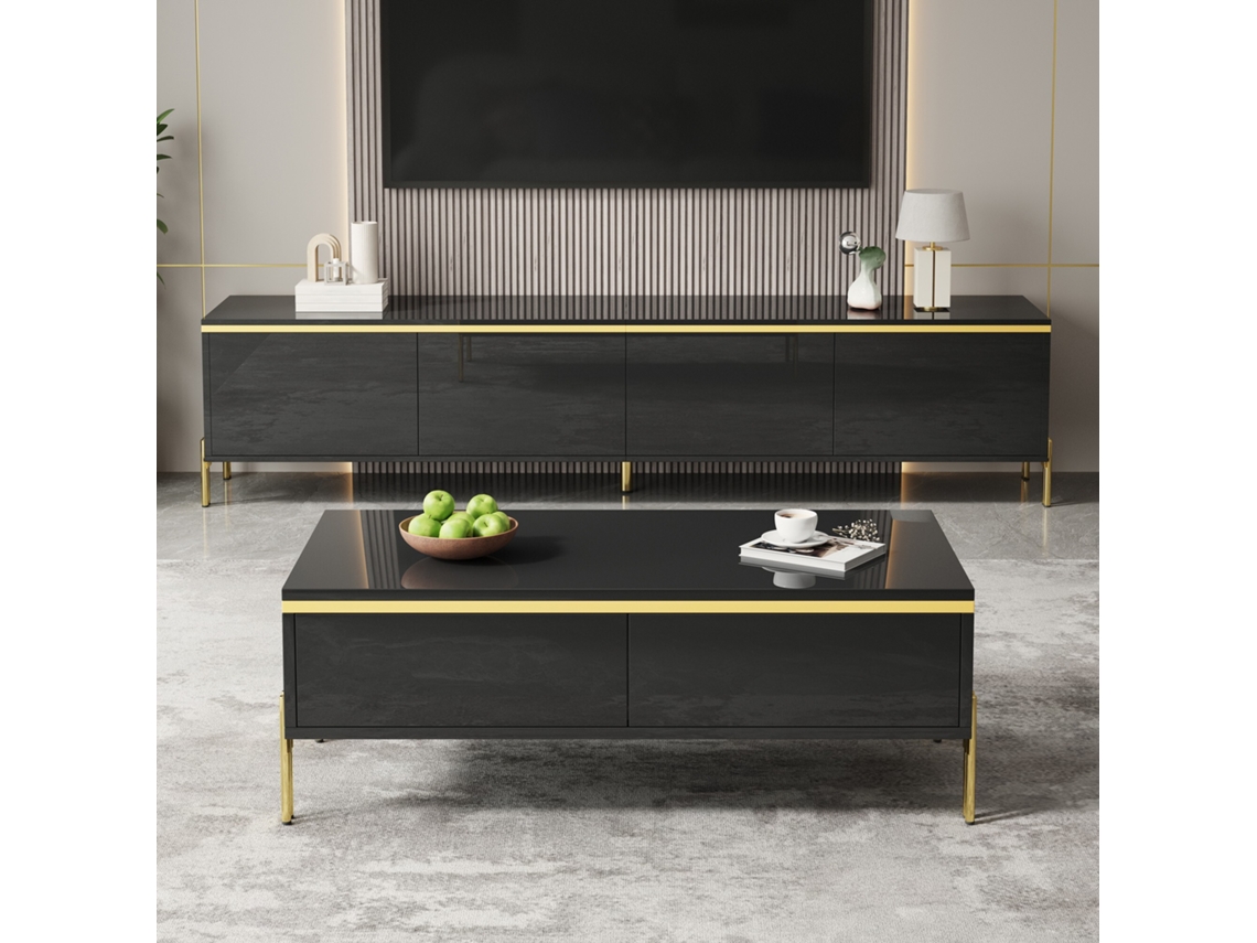 Móvel para TV 190x35x45 cm, 3 Portas, 2 Gavetas, Branco e Preto, Elegante KOMHTOM