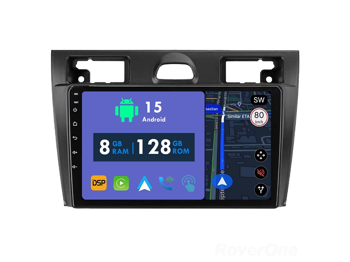 Auto Rádio Carro Bluetooth Autoradio 8GB RAM 128G ROM CarPlay Navegação GPS Ecrã Táctil RoverOne para Ford Fiesta Mk VI 5 Mk5 2002-2008  
