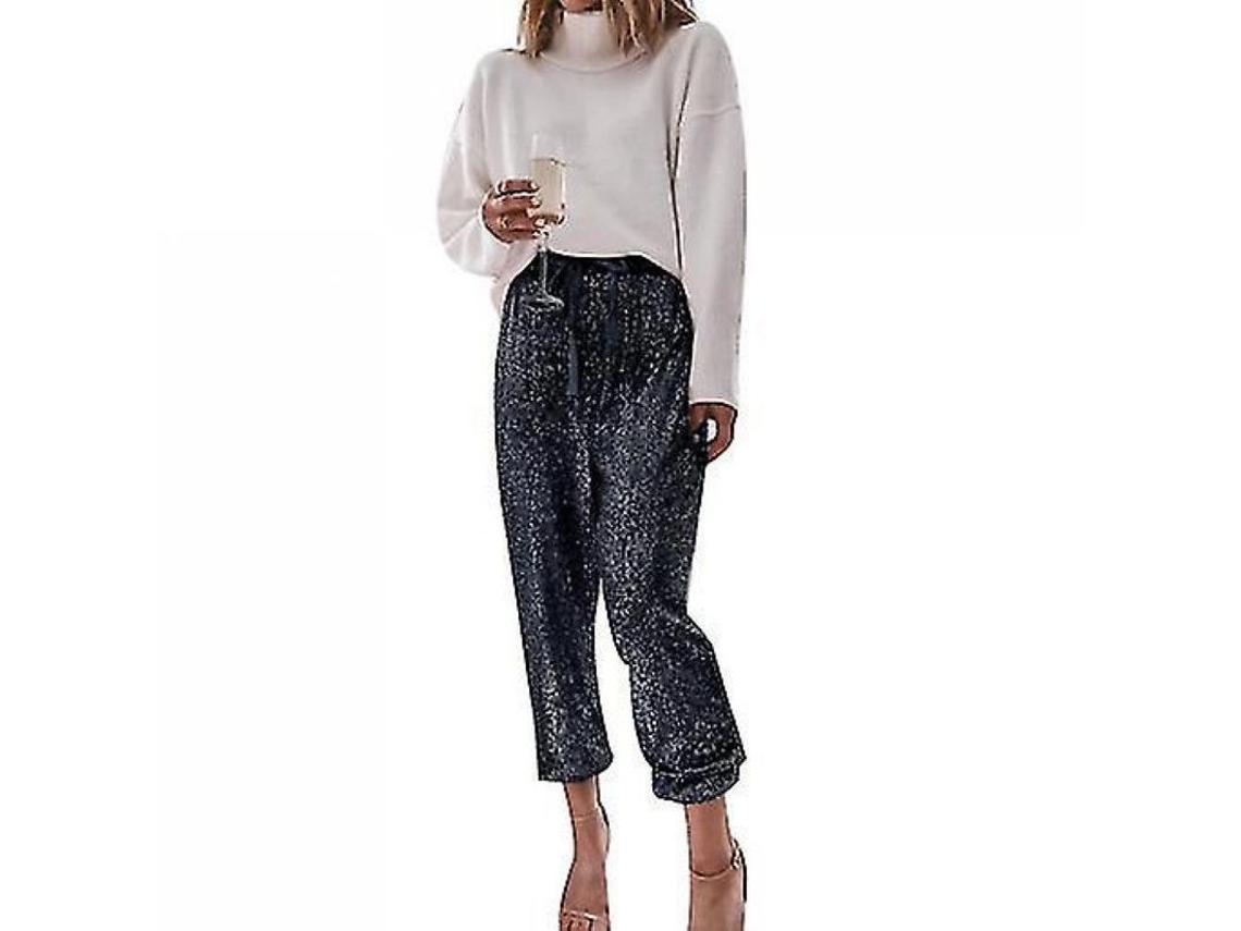 2026 pantalones Deportivos Mujer Con Lentejuelas Brillo Cintura Alta Elástica Stretch para Fiesta Y Casual S Negro