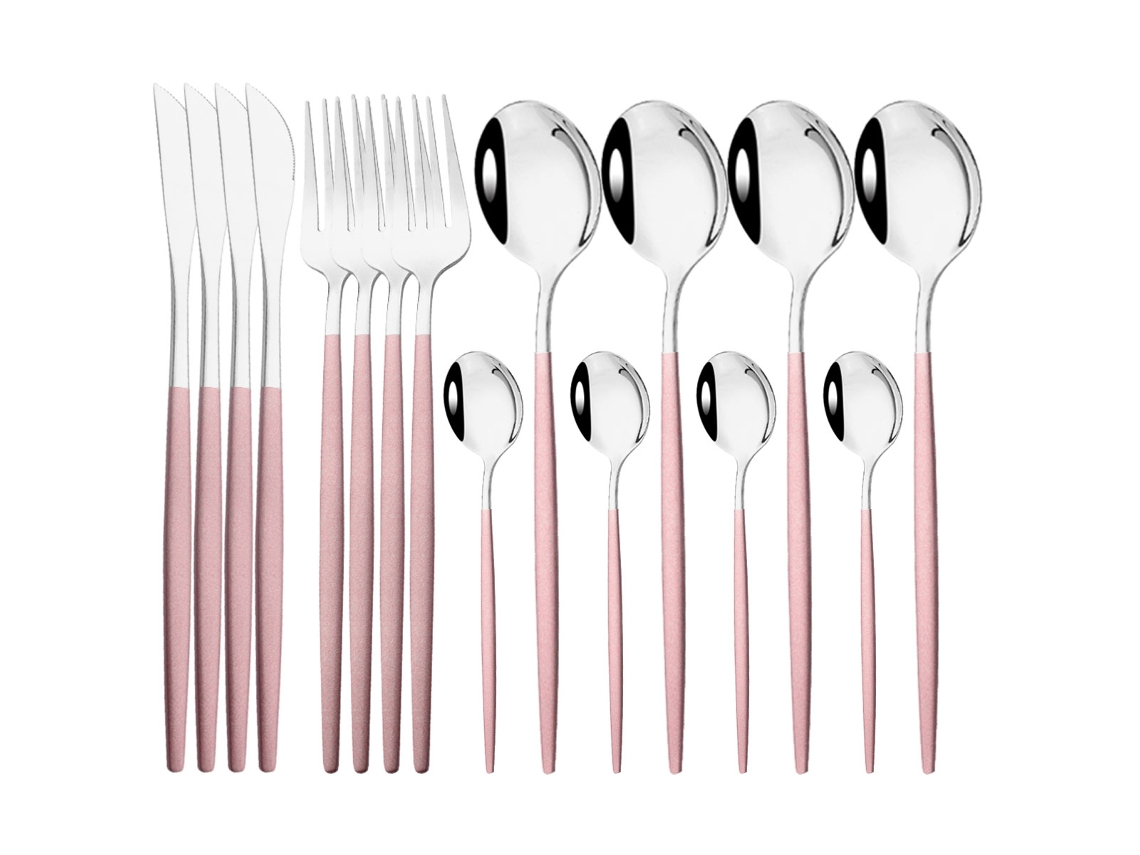 Conjunto de Talheres de 16 Peças , Talheres em Aço Inoxidável com Acabamento Espelhado, Garfos, Colheres e Facas. MDUG (rosa Prateado)