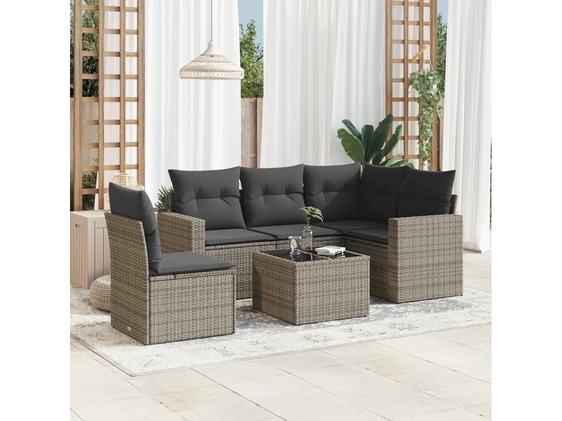 Vidaxl 6 Pcs Conjunto Sofás De Jardim Com Almofadões Vime Cinzento