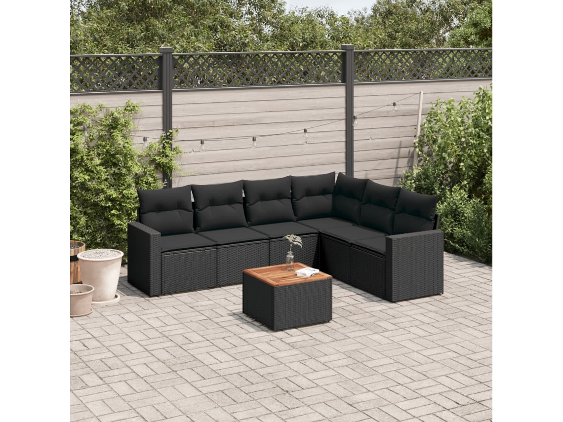 Vidaxl 7 Pcs Conjunto De Sofás P/ Jardim C/ Almofadões Vime Pe Preto
