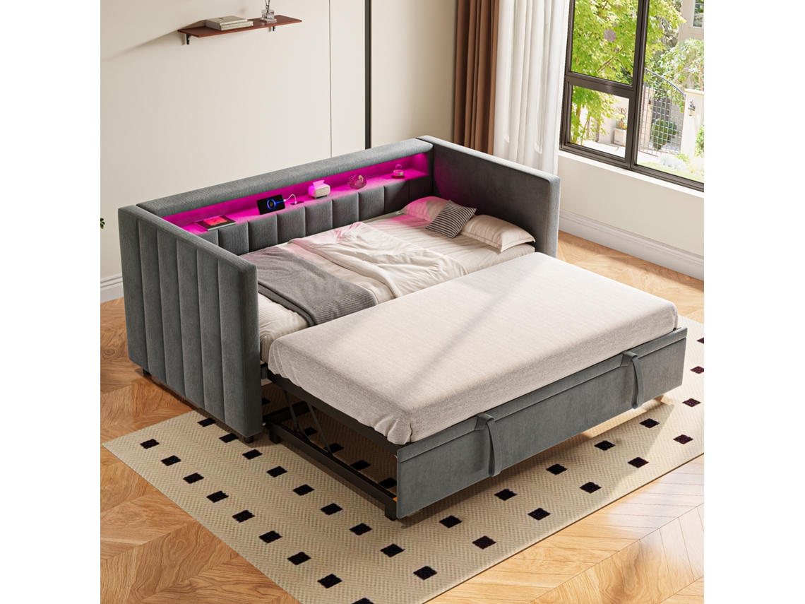 Sofá-cama 90x190 Cama Auxiliar Usb-c Led Veludo Armazenamento Cinza