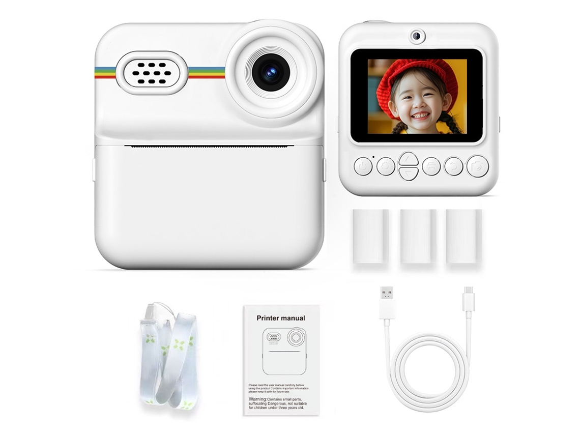 Câmera Infantil Modelo 2026, Arco íris Branco Câmera Dupla Hd Imprimível Cartão de 64gb + Leitor de Cartões YUNZII (com 4 Rolos de Papel Colorido)