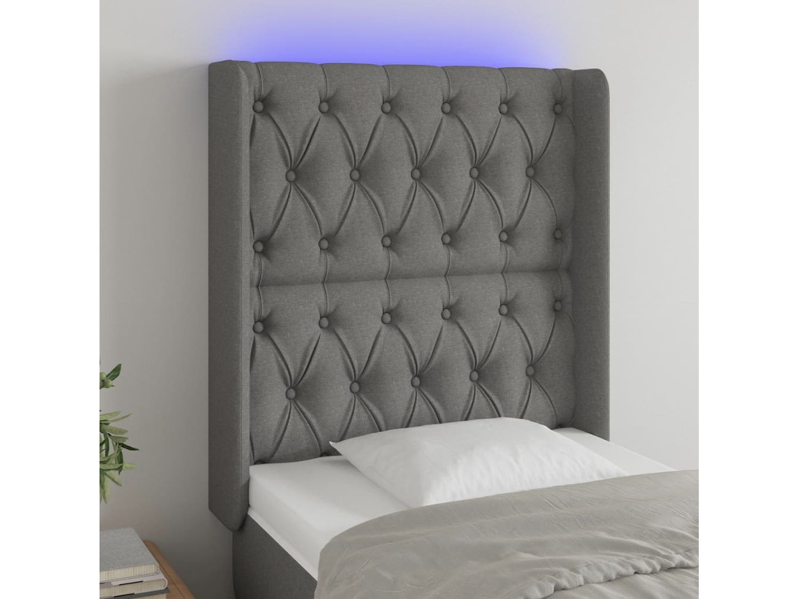 Cabecero con luces LED, tela, 83x16x118/128cm, gris oscuro