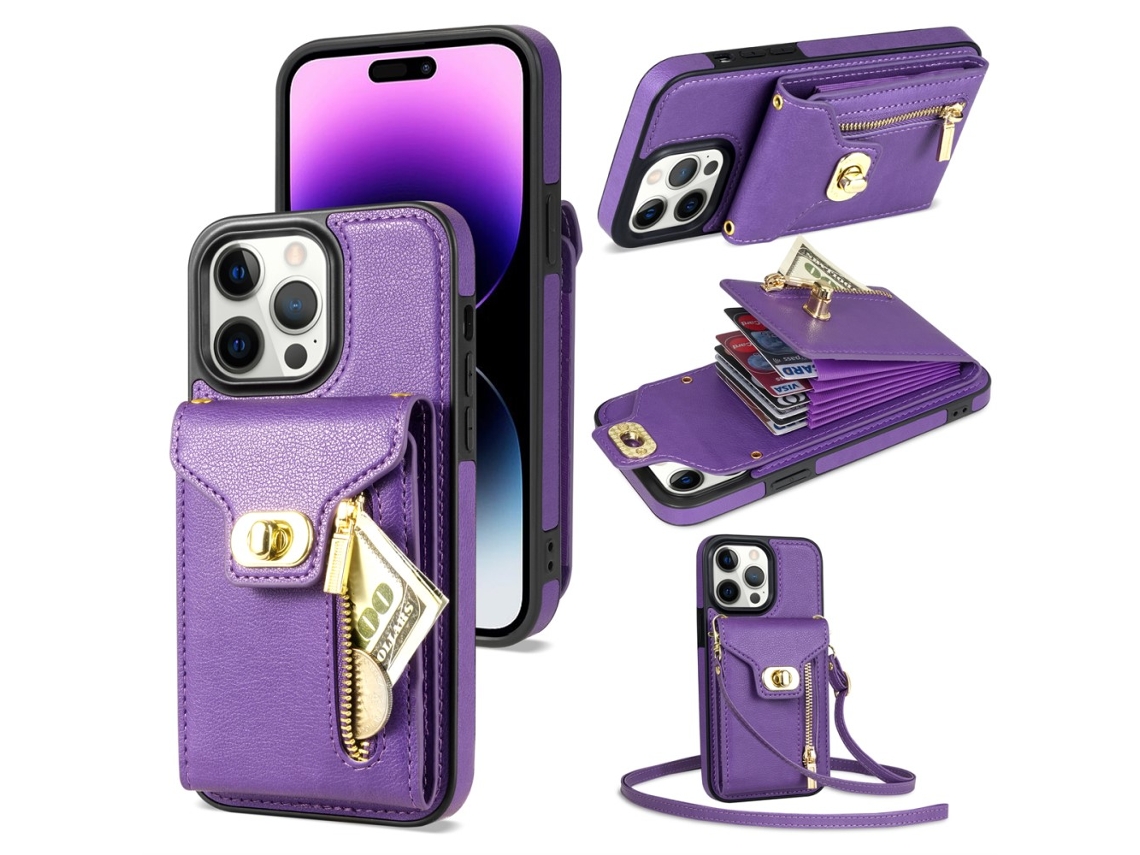 Suporte Casa Para Iphone 14 Pro Pele Sintética Com Porta-cartões Roxo