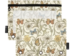 Pasta William Morris Bege com estampa de margaridas e borboletas, com compartimentos transparentes para lápis e zíperes.