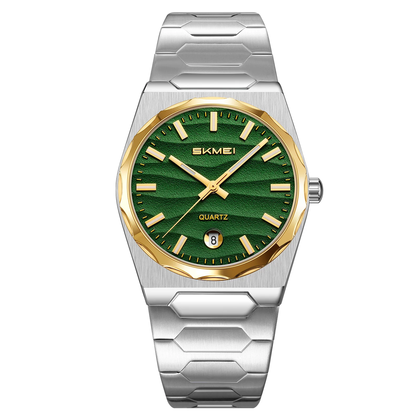 (prateado, Dourado E Verde) Relógio De Quartzo Bicolor Prateado E Dourado, Com Mostrador De Data Texturizado, Relógio Para Ocasiões Formais