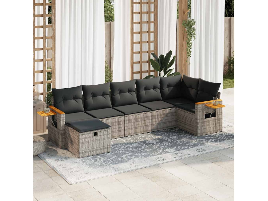 Vidaxl 7 Pcs Conjunto Sofás P/ Jardim C/ Almofadões Vime Pe Cinzento