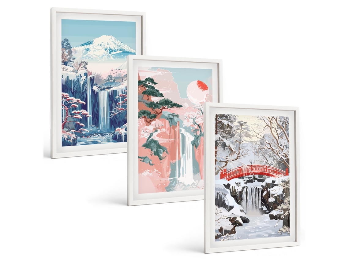 Galeria De Pinturas Murais Paisagens De Montanha Cachoeiras Moldura Branca Quadros Para O Escritório Espelharte (3 Piezas De 40x60 Cm)