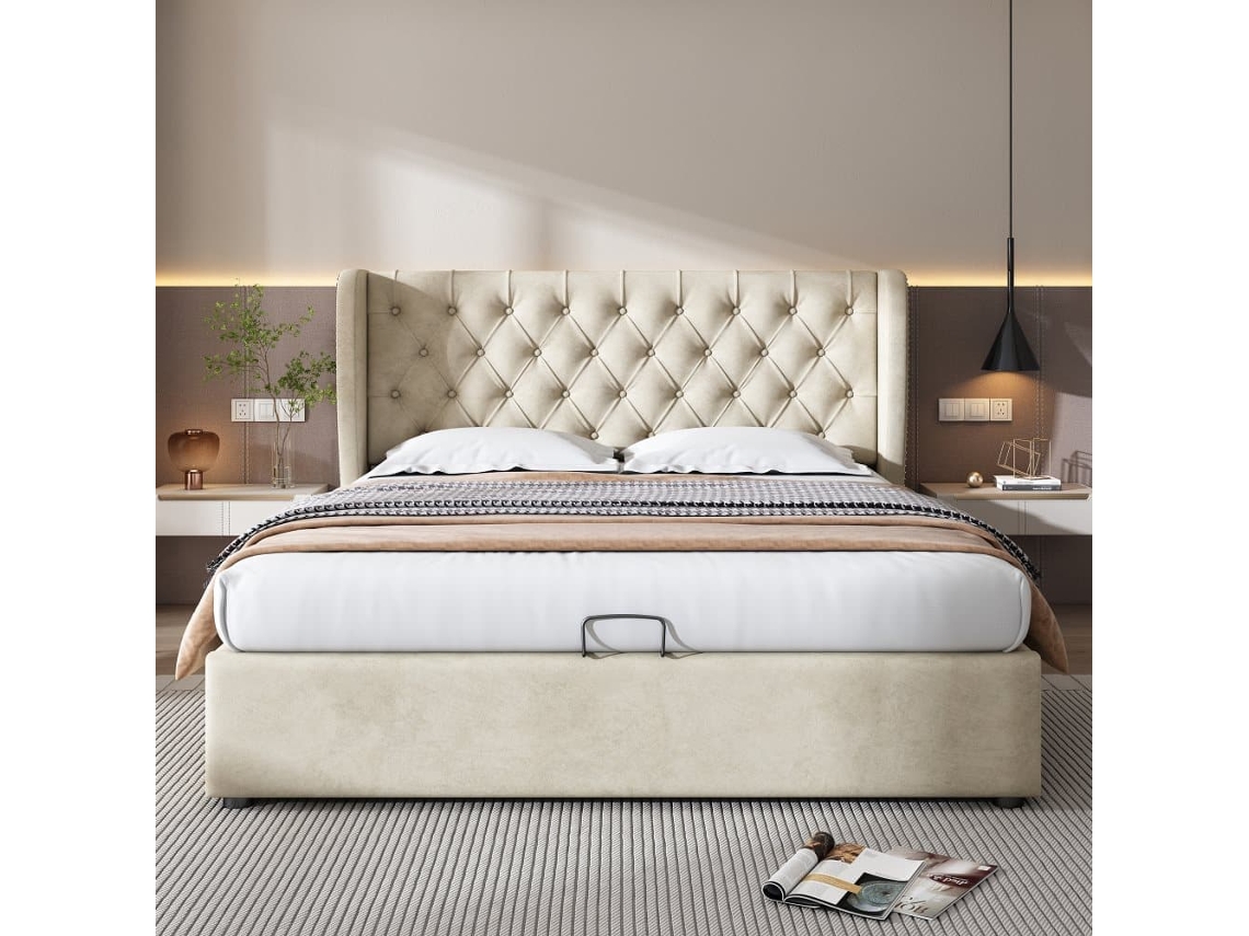 Cama De Contentor Estofada Em Veludo 140x190 Cm Com Estrado De Ripas - Bege
