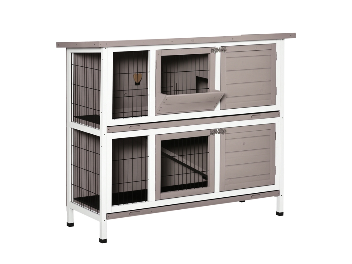 Gaiola Coelhos Cinza E Branco Madeira Maciça 122x50x101 Cm, 2 Níveis Teto Solar 4 Portas