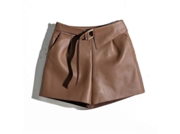 Shorts De Couro De Ovelha Genuíno Alto Costura Feminino Preto Com Bolso Lateral E Cinto Brown