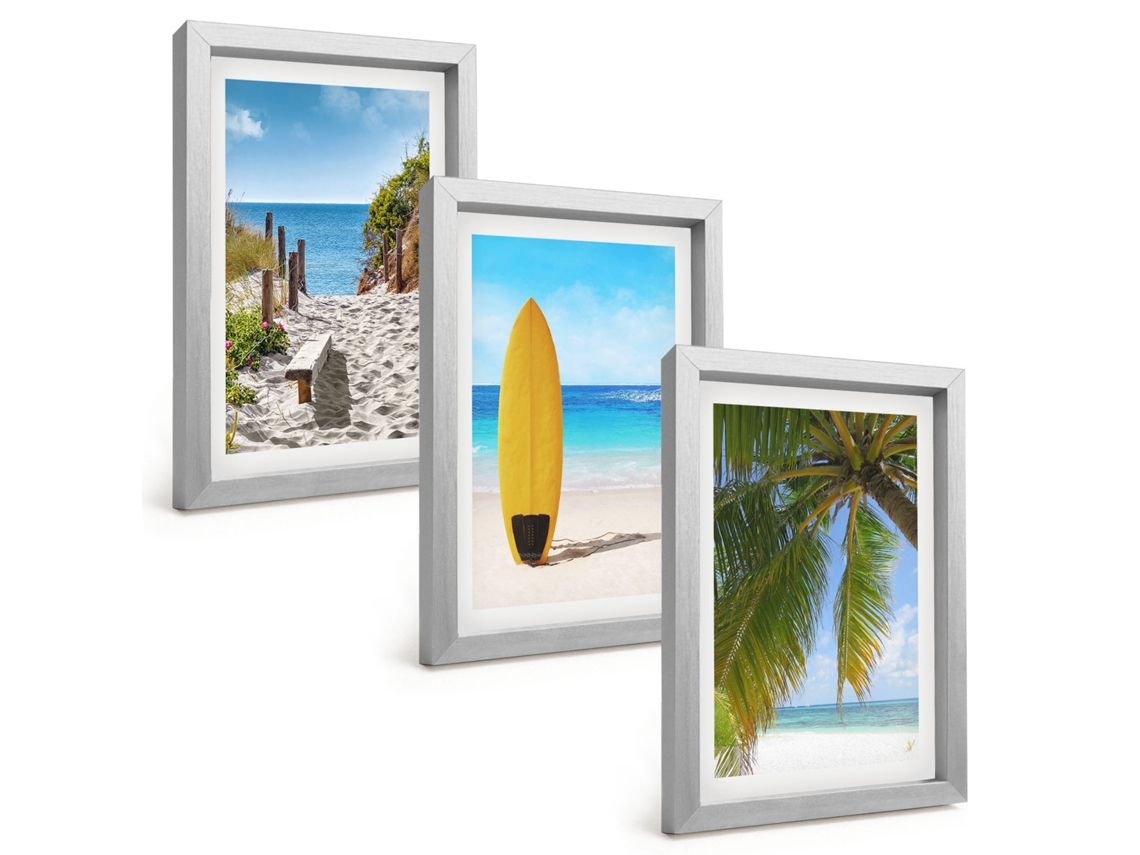 Conjunto De Pinturasférias, Praia, Ondas, Palmeiras Moldura Prateada Quadros Para A Sala De Estar Espelharte (3 Peças 20x30 Cm)