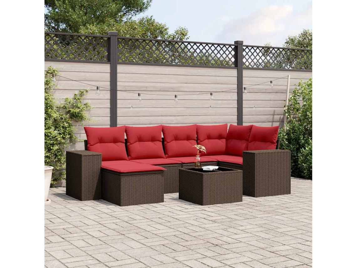 Vidaxl Conjunto De Sofá De Jardim Com 7 Peças E Almofadas Em Rattan Sintético Marrom