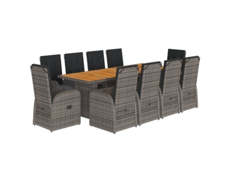 11 Peças Conjunto Jantar Para Jardim Com Almofadões Vime Pe Cinzento Clicnbuy