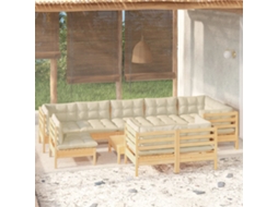 Vidaxl 10 Pcs Conjunto Lounge Jardim C/ Almofadões Creme Pinho Maciço