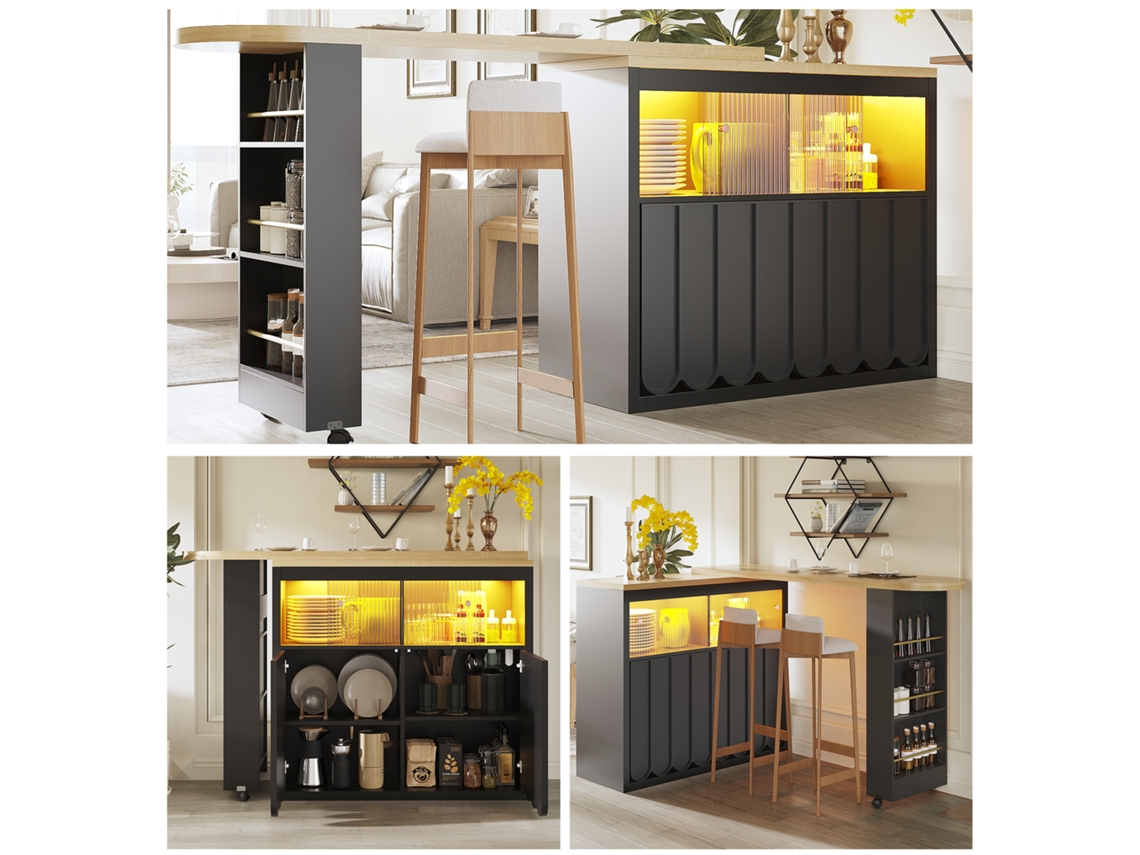 Mesa Bar Extensível Preta 135-205x39x100cm, Móvel, Telescópica Led, Portas Listradas.-hm