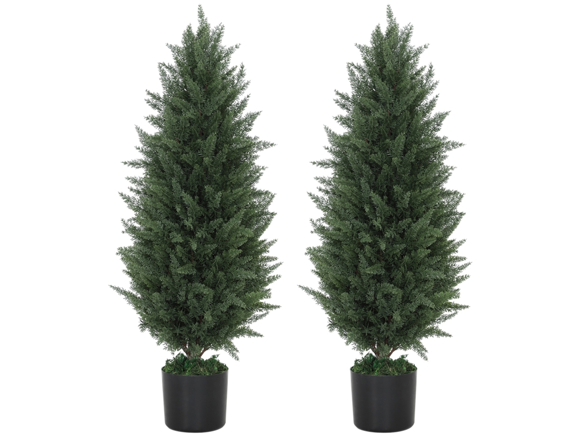 2 Ciprestes Verdes 90cm, 831 Folhas, Vaso Cimento, Uv. Ge