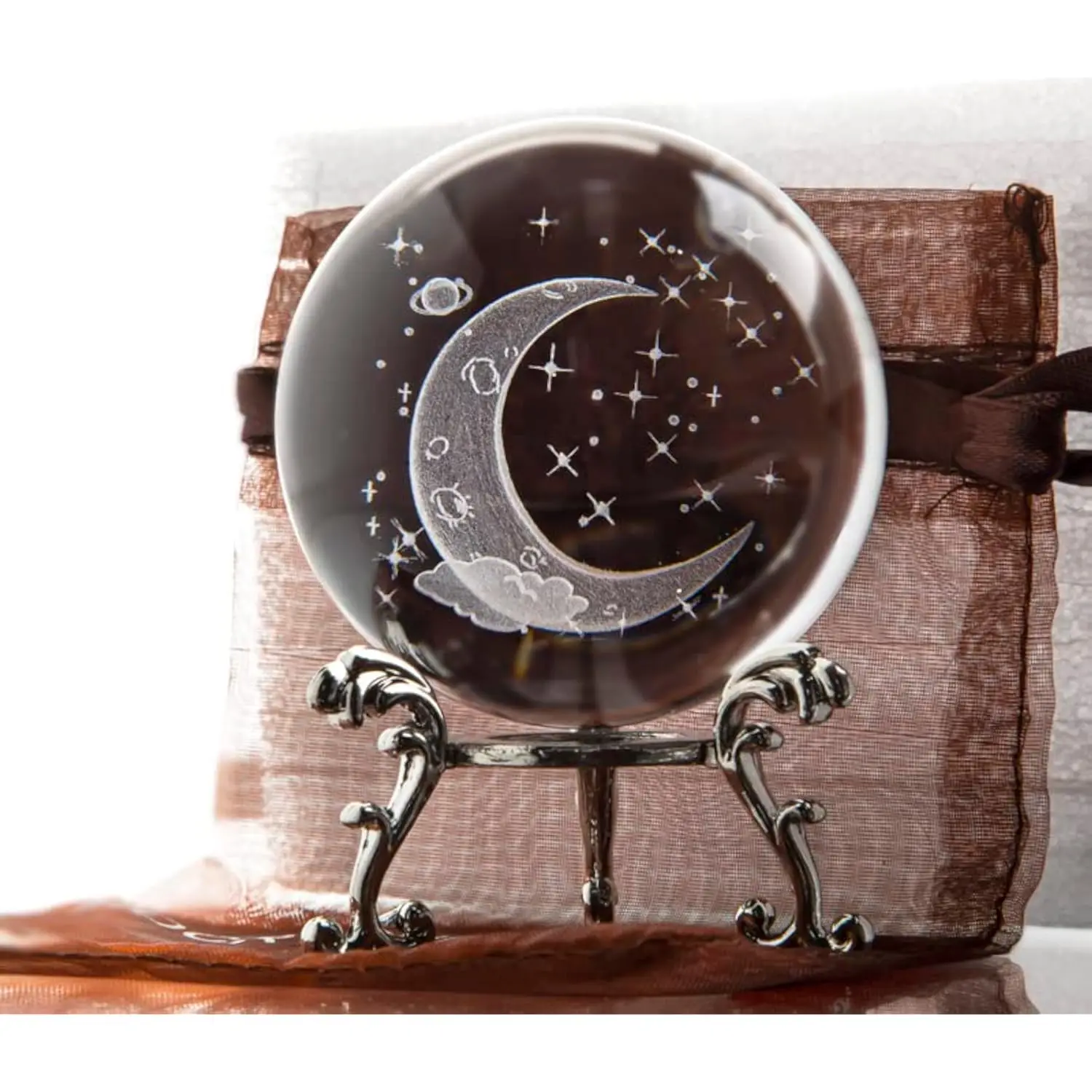 Bola de Cristal com Céu Estrelado e Lua, 6 Cm de Altura, com Base de Metal. MDUG (6 Cm com Base)