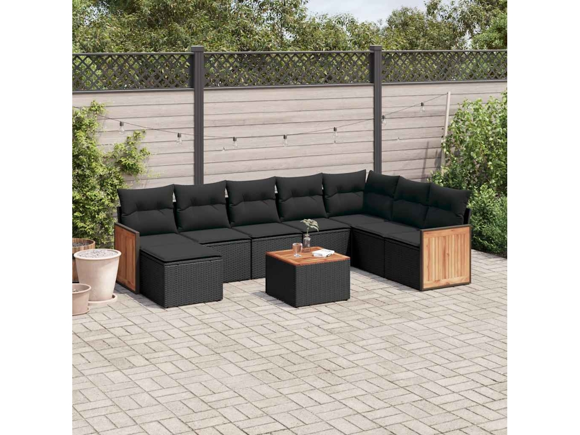 Vidaxl 9 Pcs Conjunto De Sofás P/ Jardim C/ Almofadões Vime Pe Preto