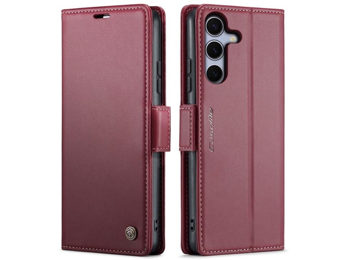 Capa Para Samsung Galaxy S25 Fe 5g De Couro Rfid Antirroubo Com Textura De Lichia E Fivela Borboleta Vermelha