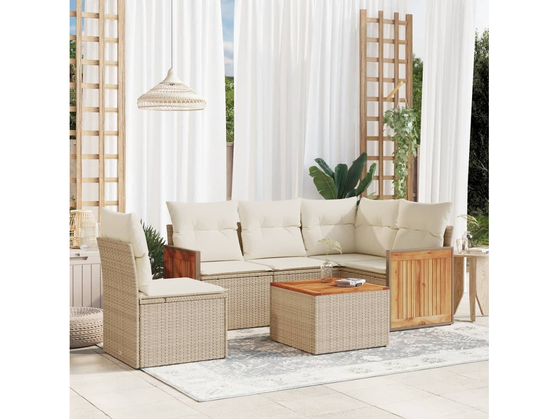 Vidaxl 6 Pcs Conjunto De Sofás P/ Jardim Com Almofadões Vime Pe Bege