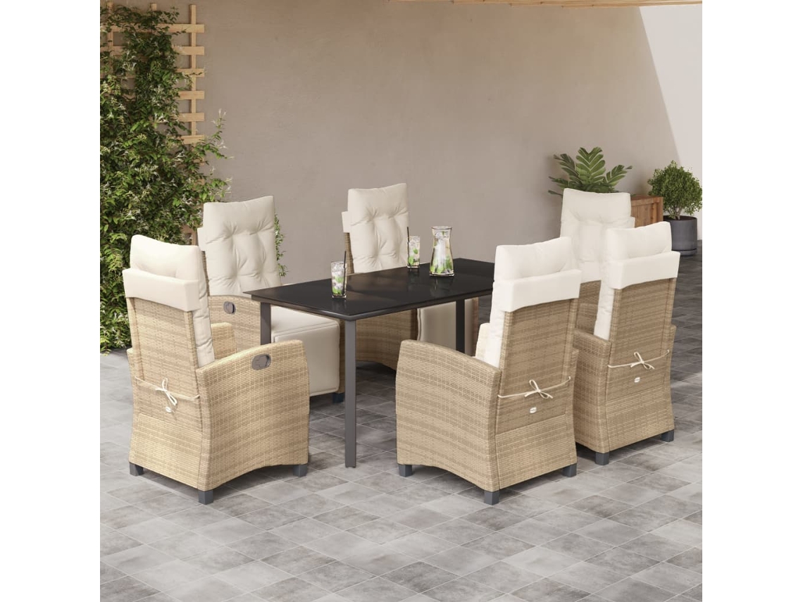 7 Pcs Conjunto De Jantar P/ Jardim Com Almofadões Vime Pe Bege Dkd Home Decor