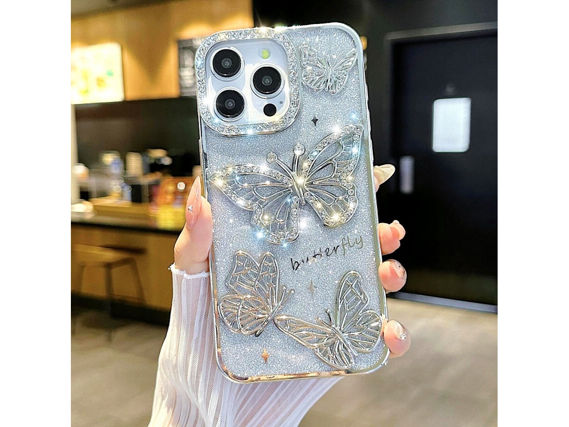 Capa Para Iphone 17 Com Borboleta Prateada E Strass Brilhante