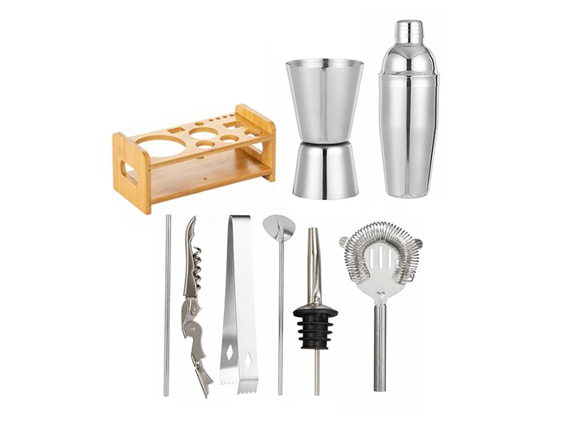 Nova Line conjunto de Coquetéis Aço Inoxidável 750ml com Shaker, Mixer e Suporte de Madeira