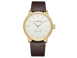 Relógio Mecânico Semi automático para Homem Winner (dial Branco, Caixa Dourada, Cinto Marrom)