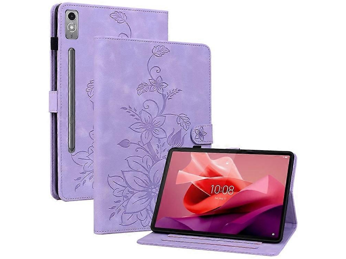 Capa Para Tablet Lenovo Tab P12 Em Couro Com Estampa De Lírio, Compartimentos Para Cartões E Suporte.