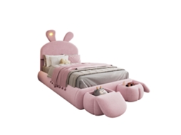 Cama Infantil Estofada Solteiro Orelhas de Coelho, Luz, Bancos, Veludo Rosa 90x200cm PAPRIKA
