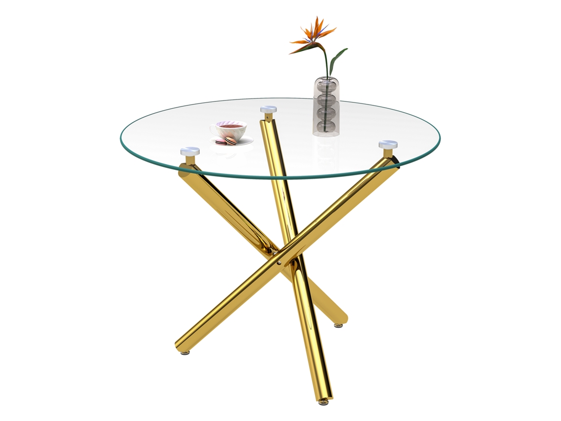 Mesa Redonda Vidro Temperado Pés Dourados Estilo Minimalista Contemporâneo 80×80×76cm Sala Cozinha