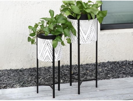 Lote de 2 plantadores de metal com diâmetro 20 x altura 53 cm e diâmetro 25 x altura 69 cm preto e branco Capoli OZAIA