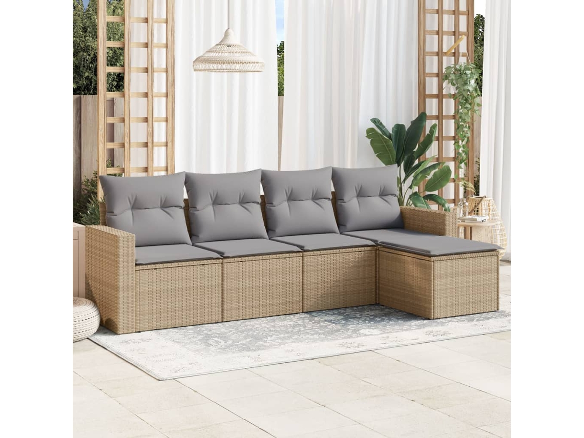 Vidaxl 5 Pcs Conjunto De Sofás P/ Jardim Com Almofadões Vime Pe Bege
