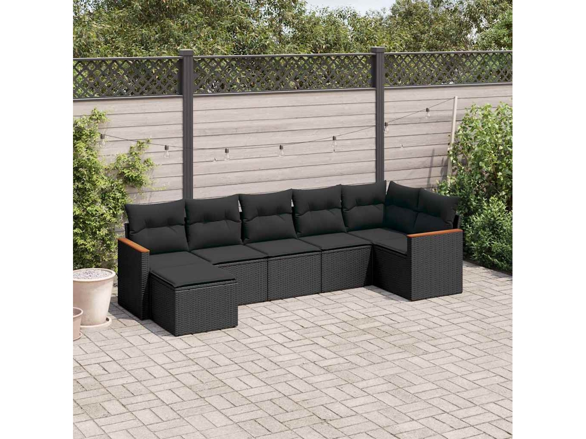 Vidaxl 7 Pcs Conjunto De Sofás P/ Jardim C/ Almofadões Vime Pe Preto