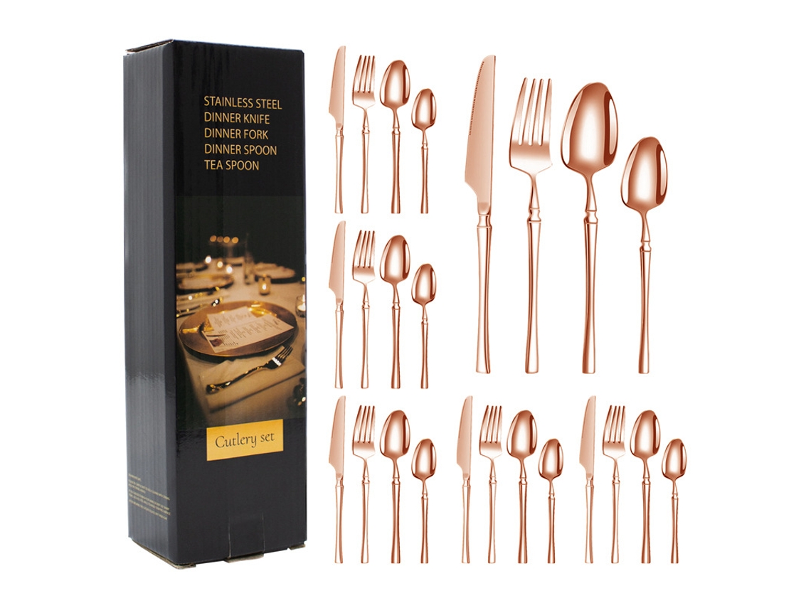 Conjunto De 24 Peças - Ouro Rosa) Talheres Em Aço Inoxidável Com Revestimento De Titânio - Facas, Garfos E Colheres