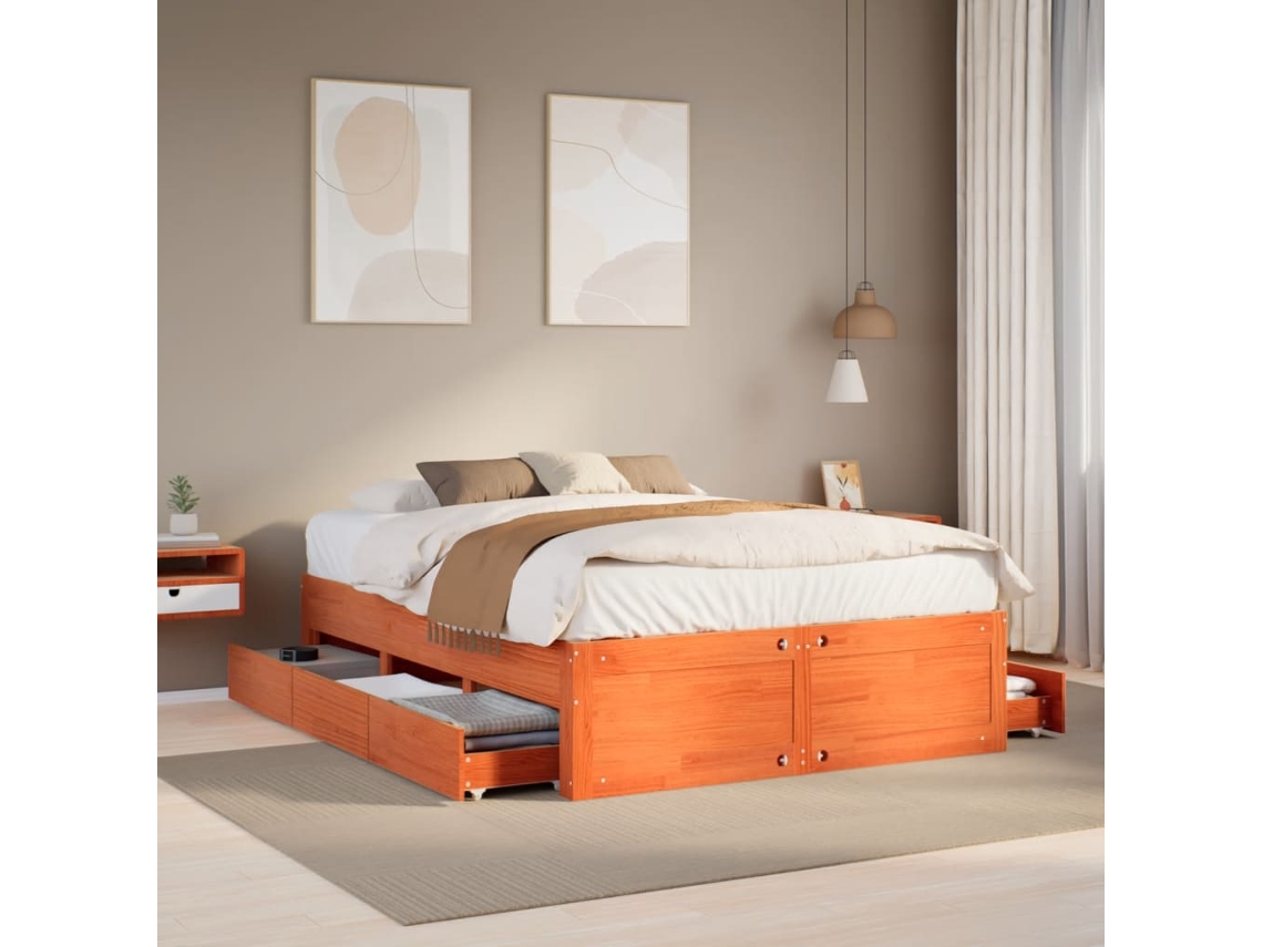 Cama Sem Colchão Com Gavetas Madeira Pinho Maciça Castanho-mel